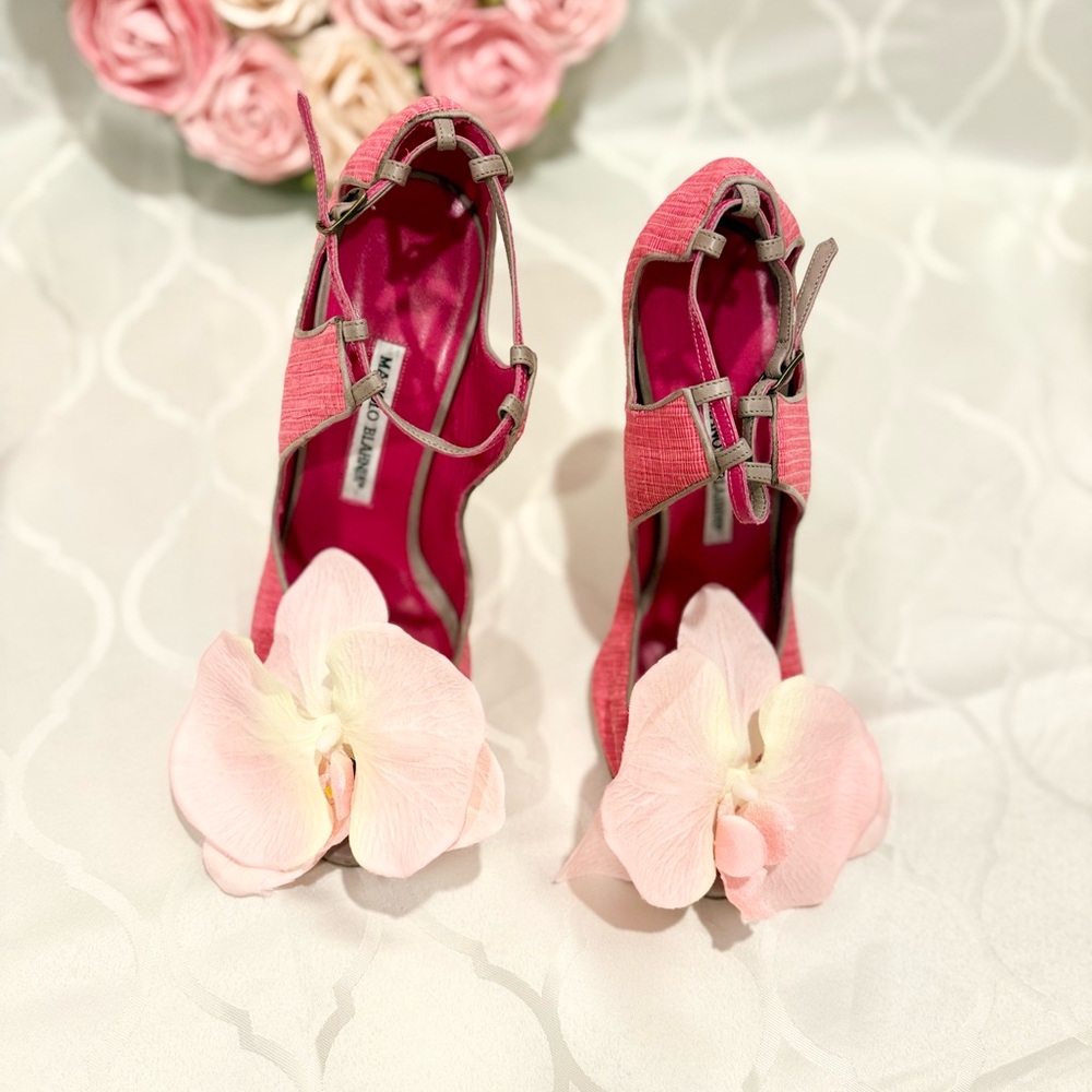 Up-cycled Manolo Blahnik Orchid heels sandals shoes 40 leather slingback straps - Picture 4 of 11